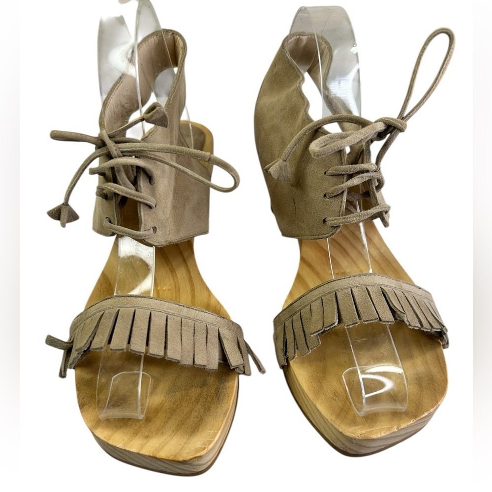 Purification Garcia 39 US 8.5~9 wood sandal architectural heel fringe suede $328